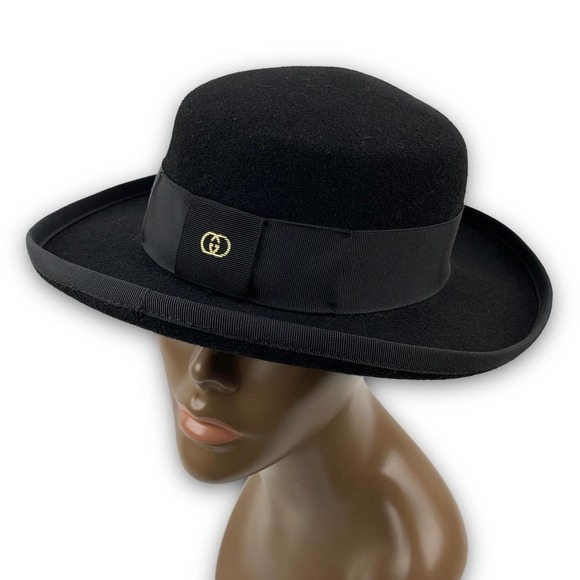 RARE 1970's GUCCI black wool felt bowler hat with classic GG logo - Picture 6 of 16